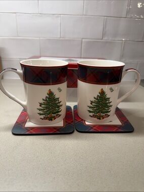 Spode Tartan Plaid Christmas Tree Mug/Tin/Coaster set
